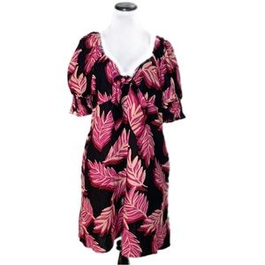 Who What Wear SZ XL Pink/Black Floral Print Puff Off Shoulder Linen Blend Dress